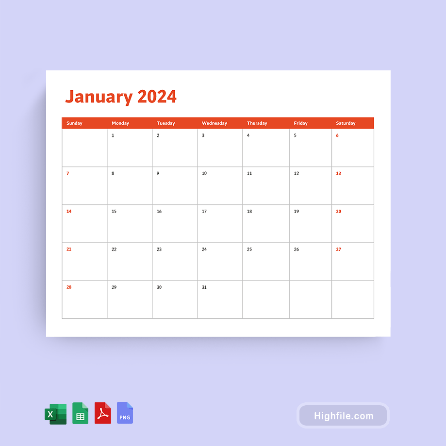 2024 Calendar Template - Excel, Google-Sheets, PDF, PNG