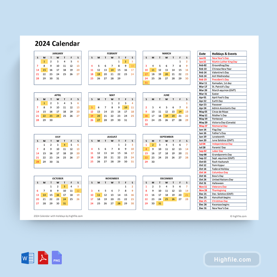 2024-Landscape-Calendar Template with Holidays - Word, PDF, PNG