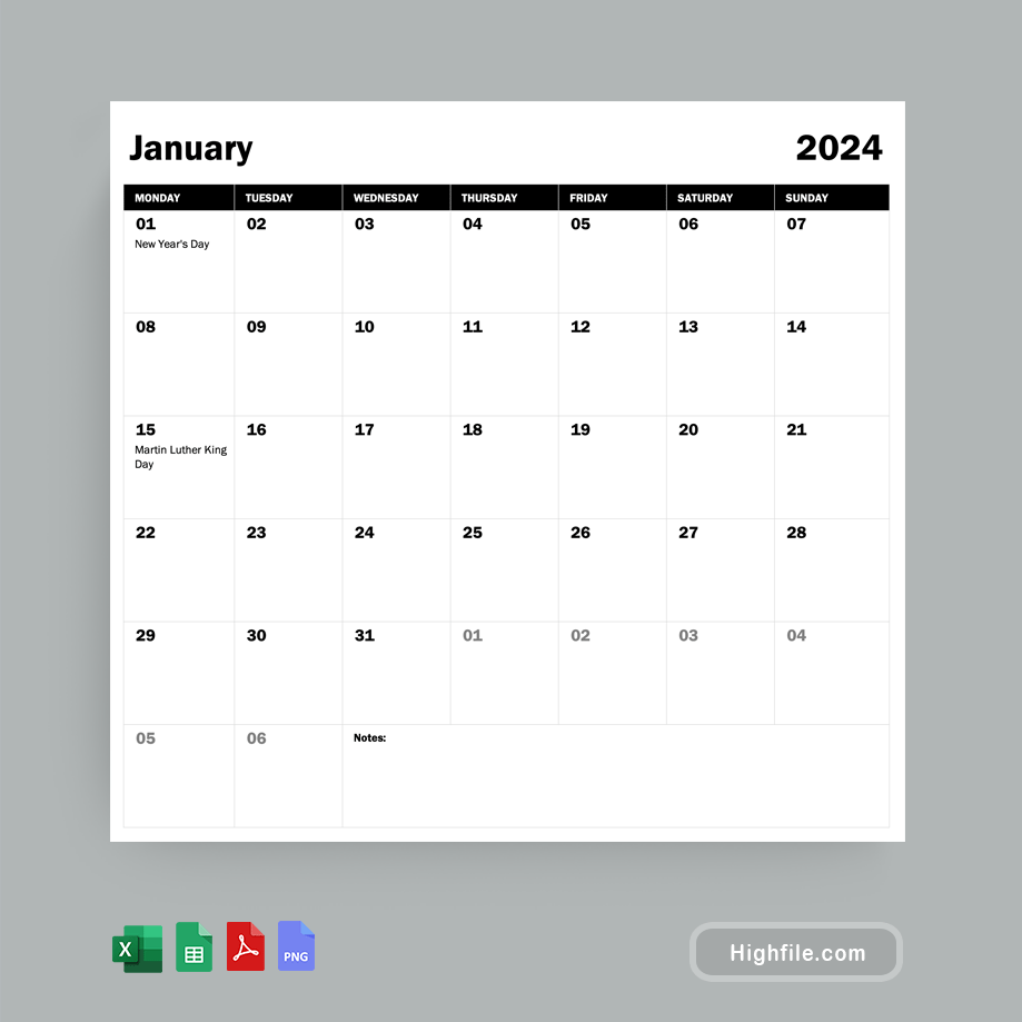 2024 Monthly Calendar - Excel, Google-Sheets, PDF, PNG