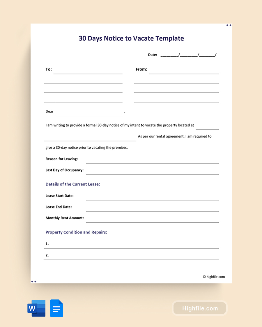 30 Day Notice to Vacate Template - Word, Google Docs