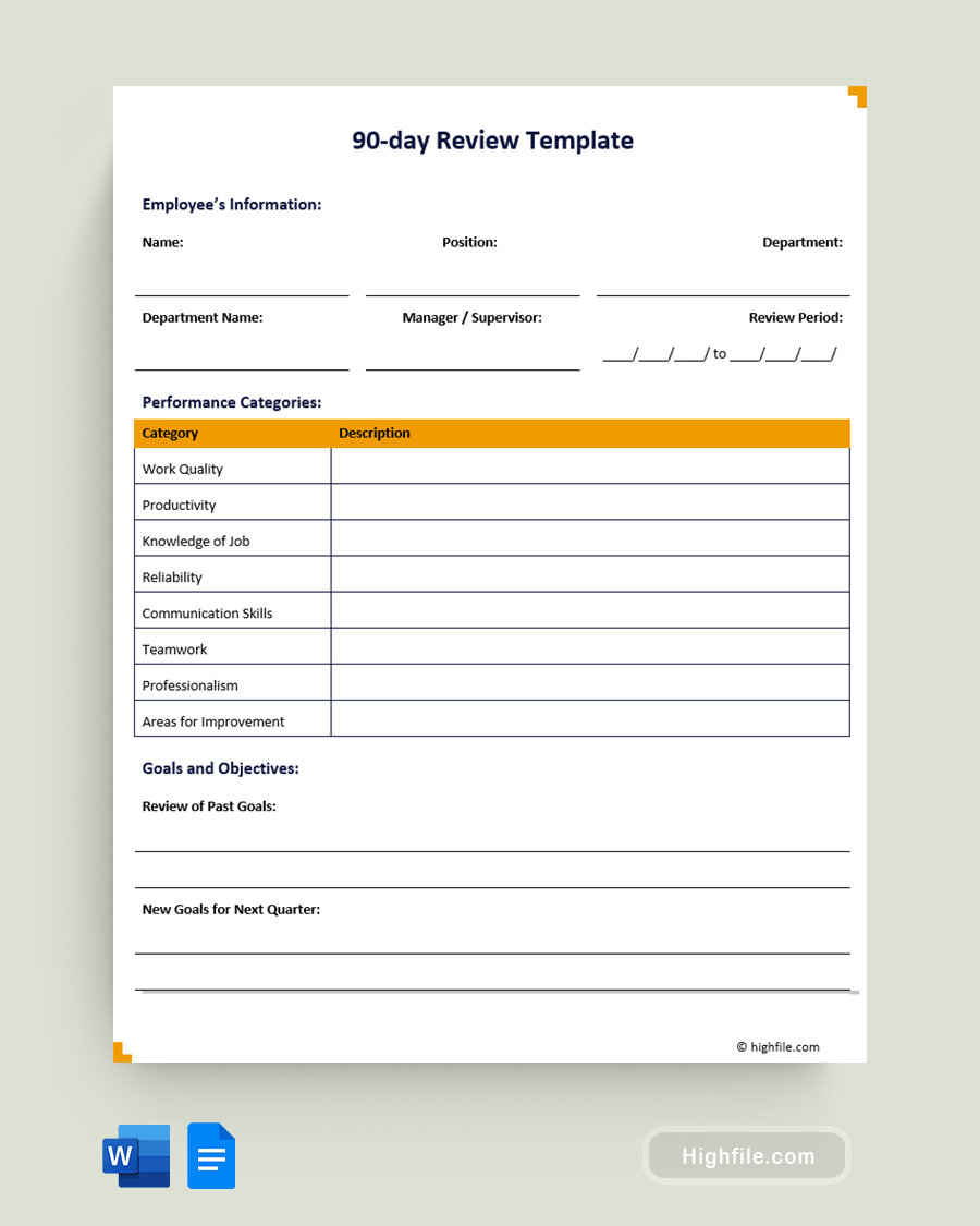 90 Day Review Template - Word, Google Docs