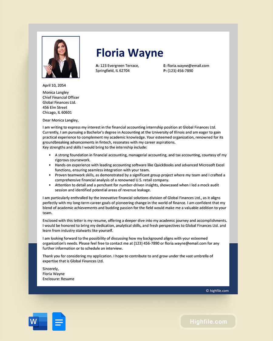 Accounting Internship Cover Letter Template - Word, Google Docs