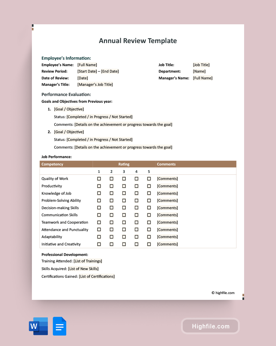 Annual Review Template - Word, Google Docs