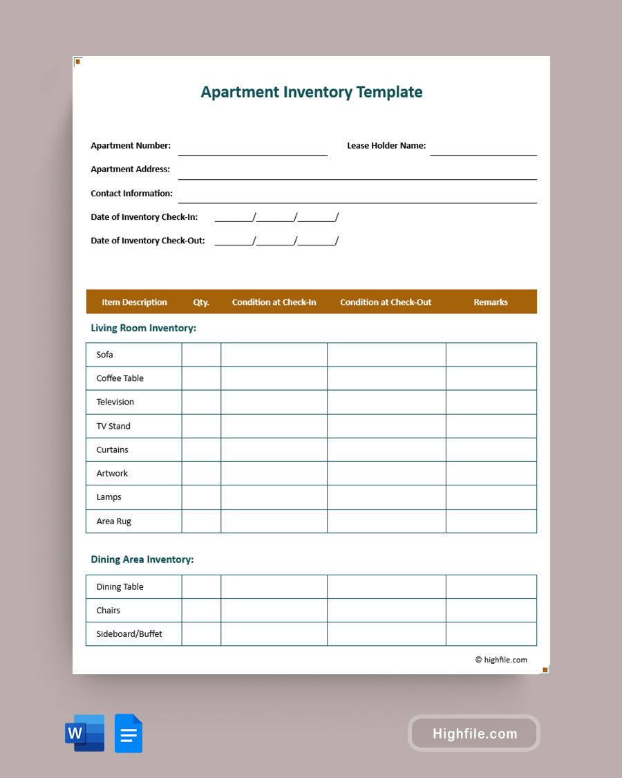 Apartment Inventory Template - Word, Google Docs