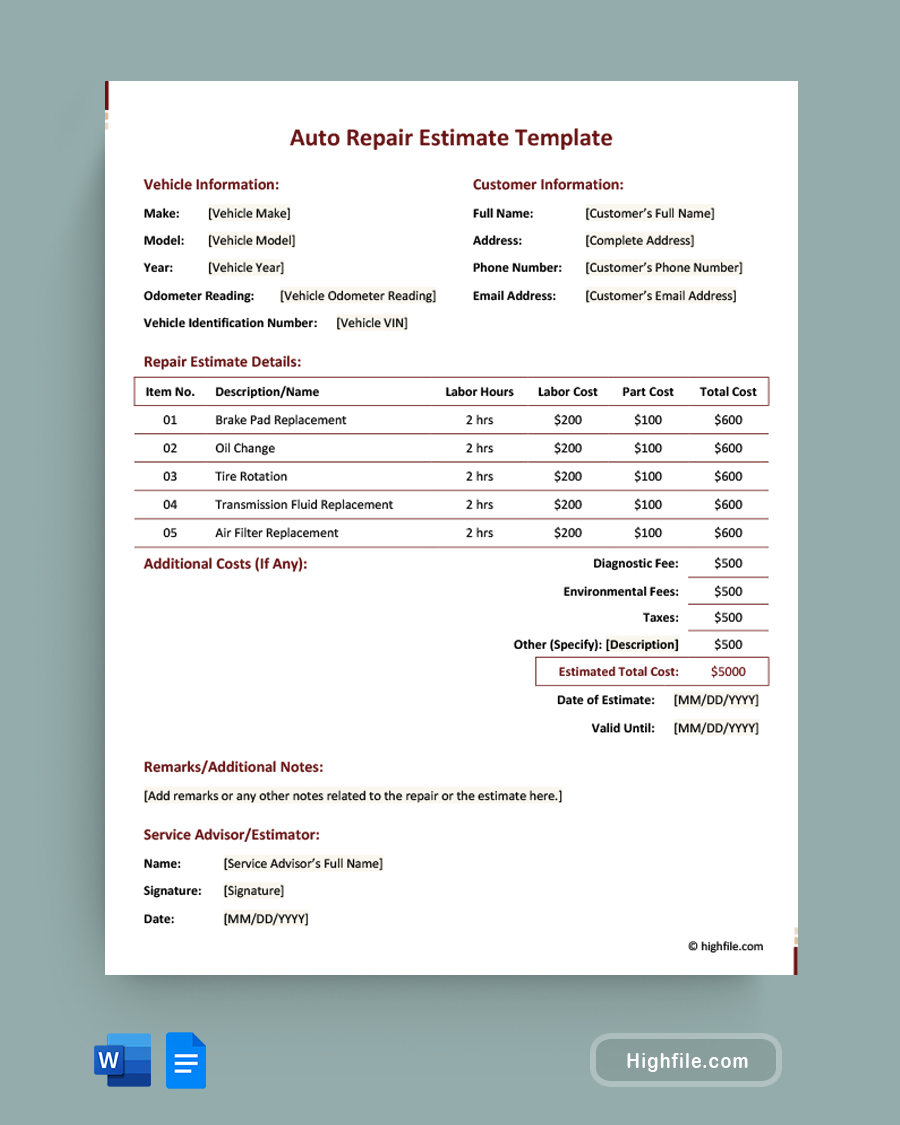 Auto Repair Estimate Template - Word, Google Docs