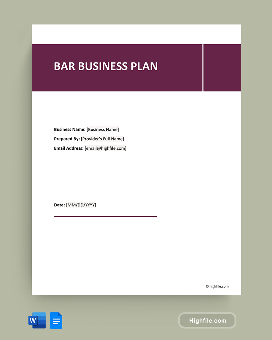 Bar Business Plan Template - Word, Google Docs