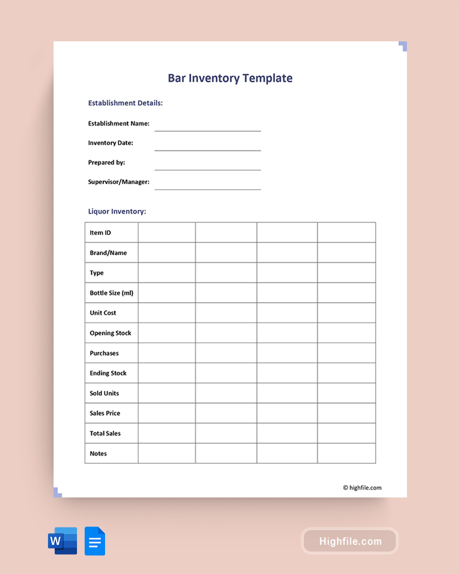 Bar Inventory Template - Word, Google Docs