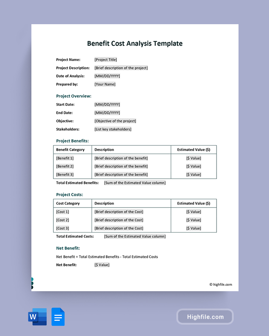 Benefit Cost Analysis Template - Word, Google Docs