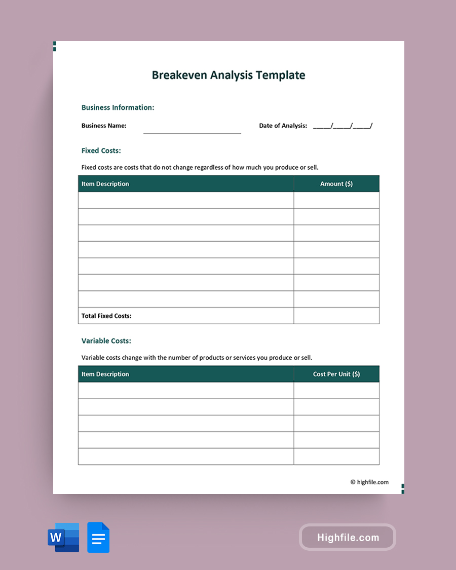 Breakeven Analysis Template - Word, Google Docs
