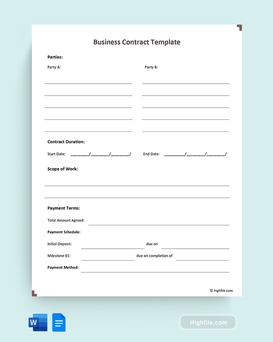 Business Contract Template - Word, Google Docs