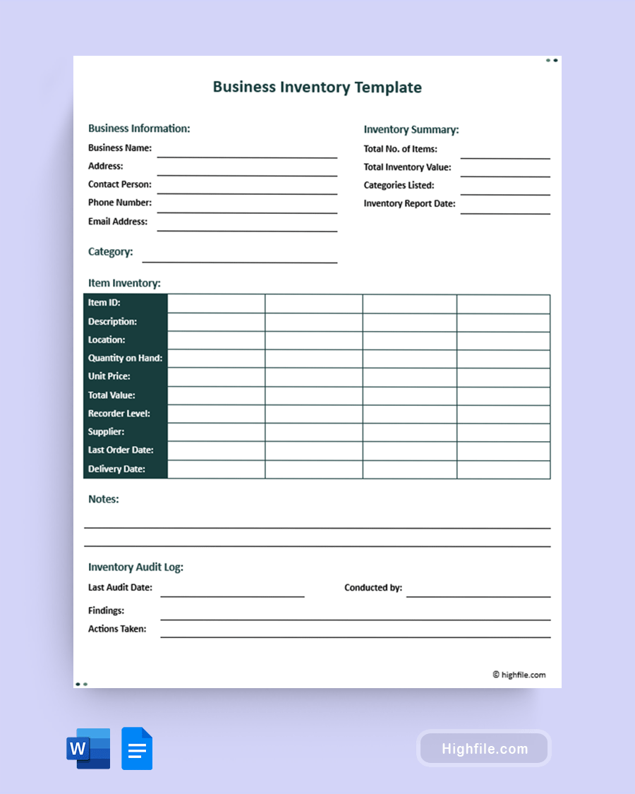 Business Inventory Template - Word, Google Docs