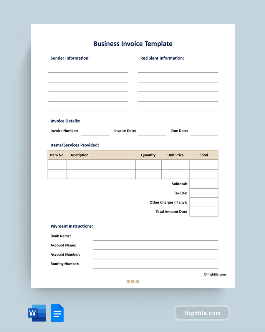 Business Invoice Template - Word, Google Docs