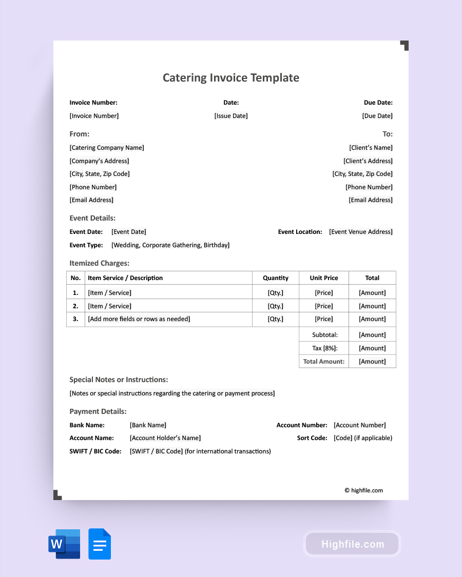 Catering Invoice Template - Word, Google Docs