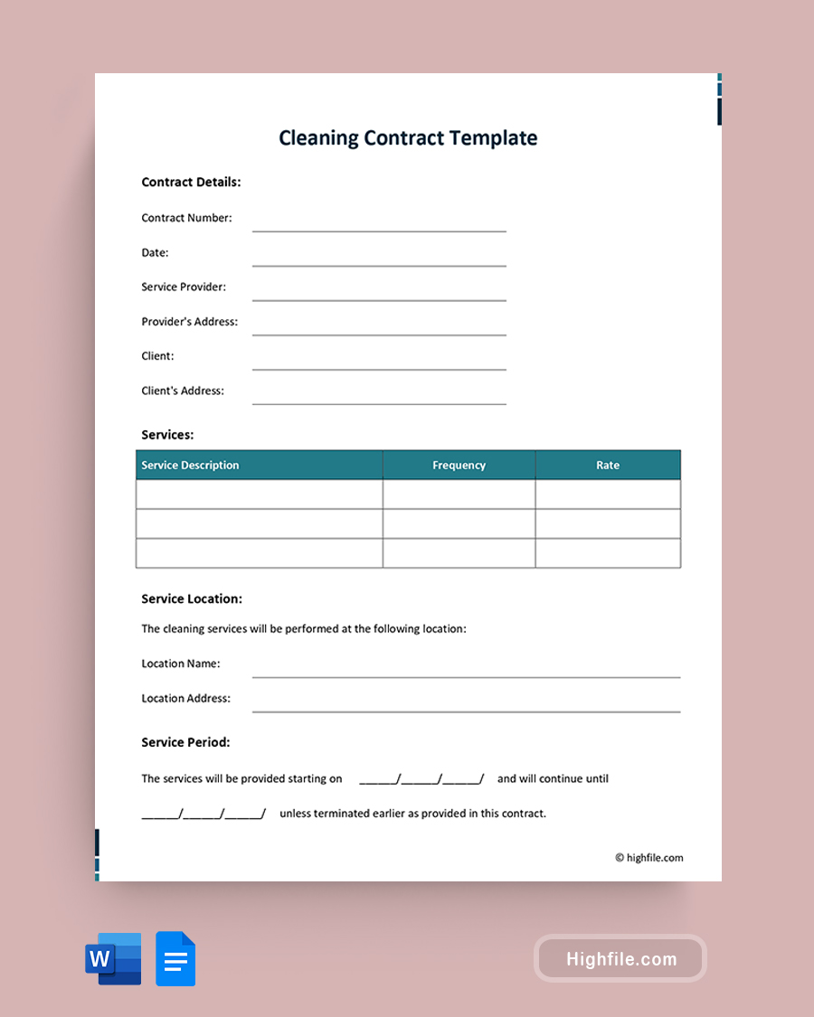 Cleaning Contract Template - Word, Google Docs
