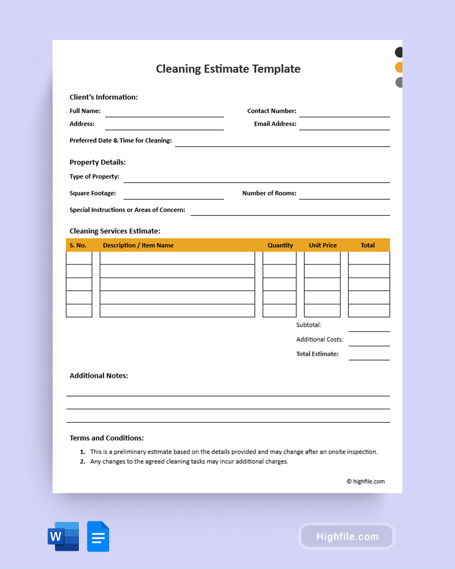 Cleaning Estimate Template - Word, Google Docs