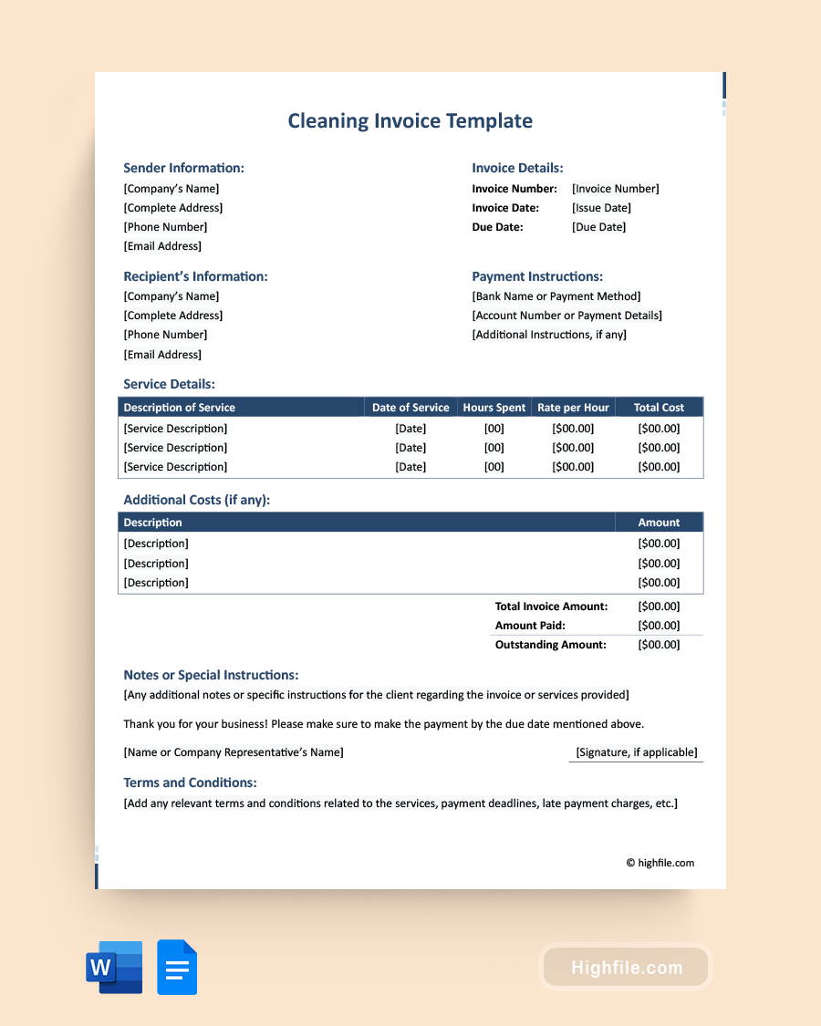 Cleaning Invoice Template - Word, Google Docs