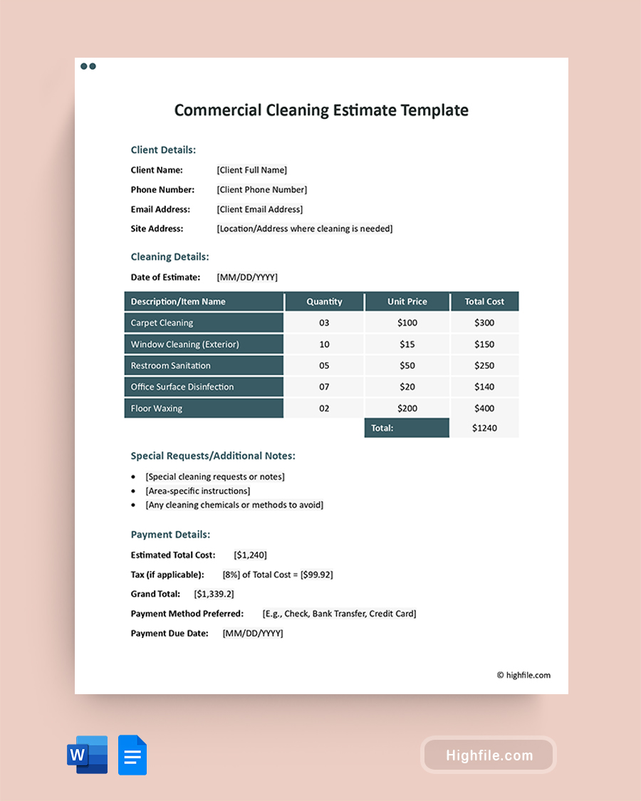 Commercial Cleaning Estimate Template - Word, Google Docs