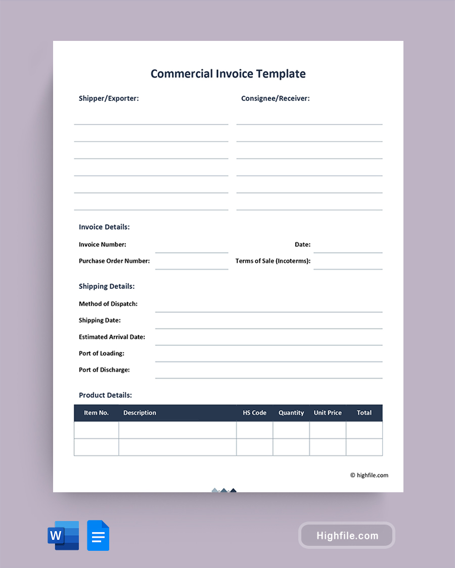 Commercial Invoice Template - Word, Google Docs