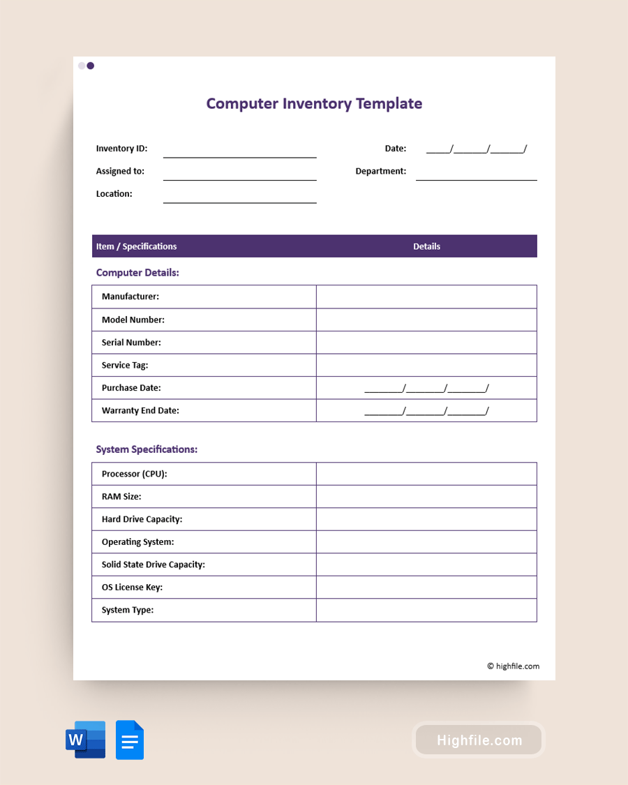 Computer Inventory Template - Word, Google Docs