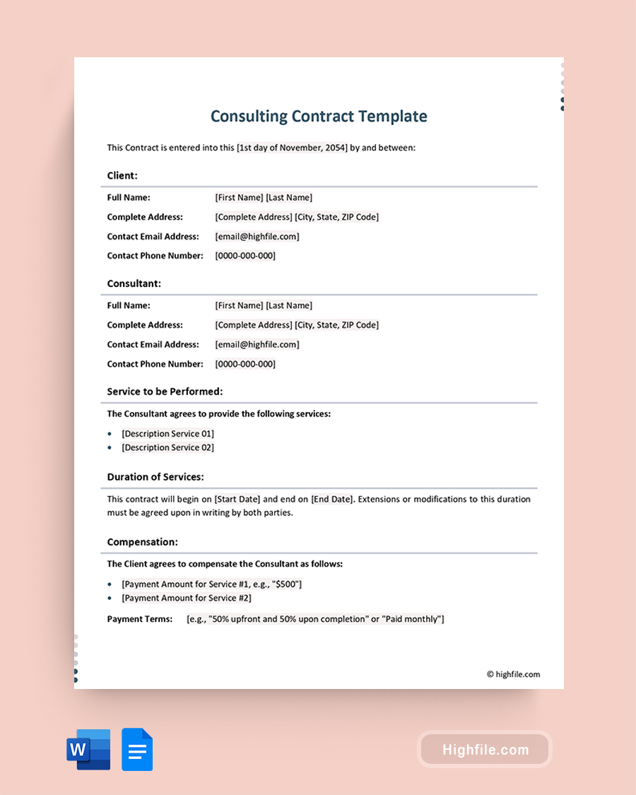 Consulting Contract Template - Word, Google Docs
