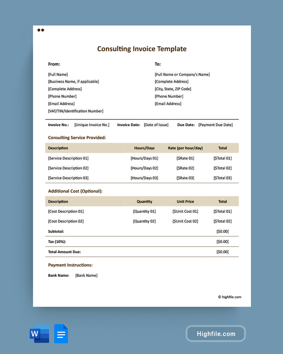 Consulting Invoice Template - Word, Google Docs