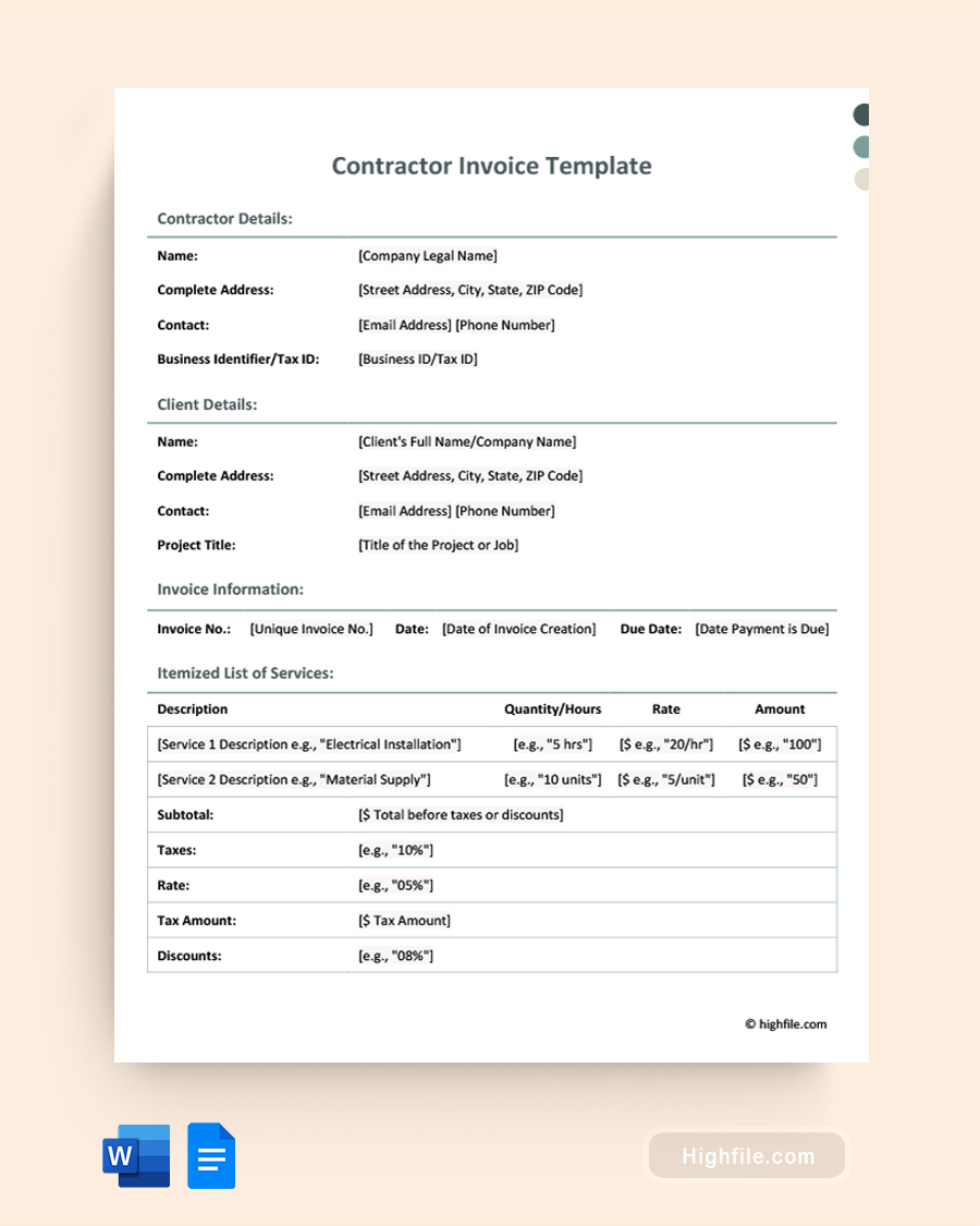 Contractor Invoice Template - Word, Google Docs