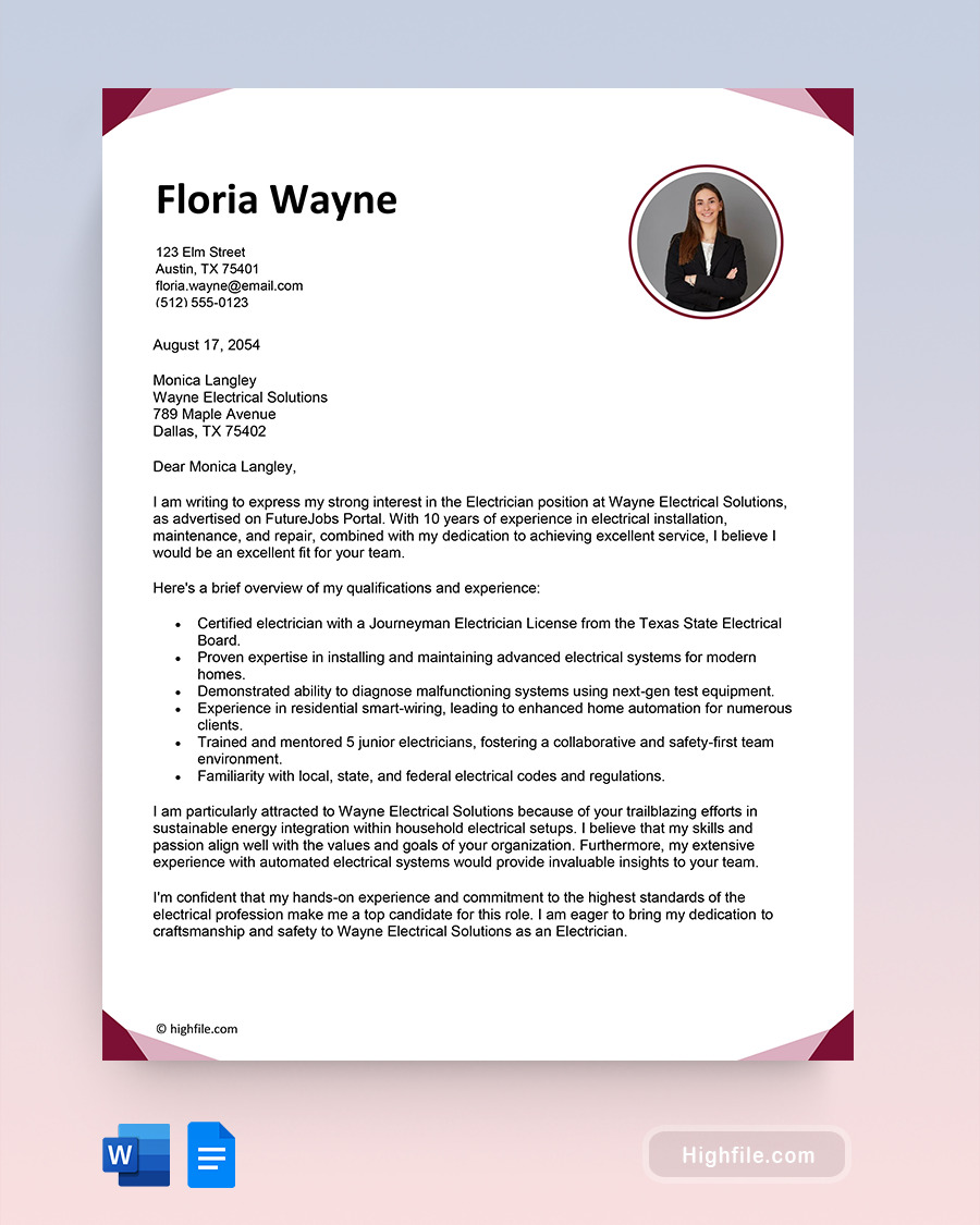 Cover Letter for Electrician - Word, Google Docs