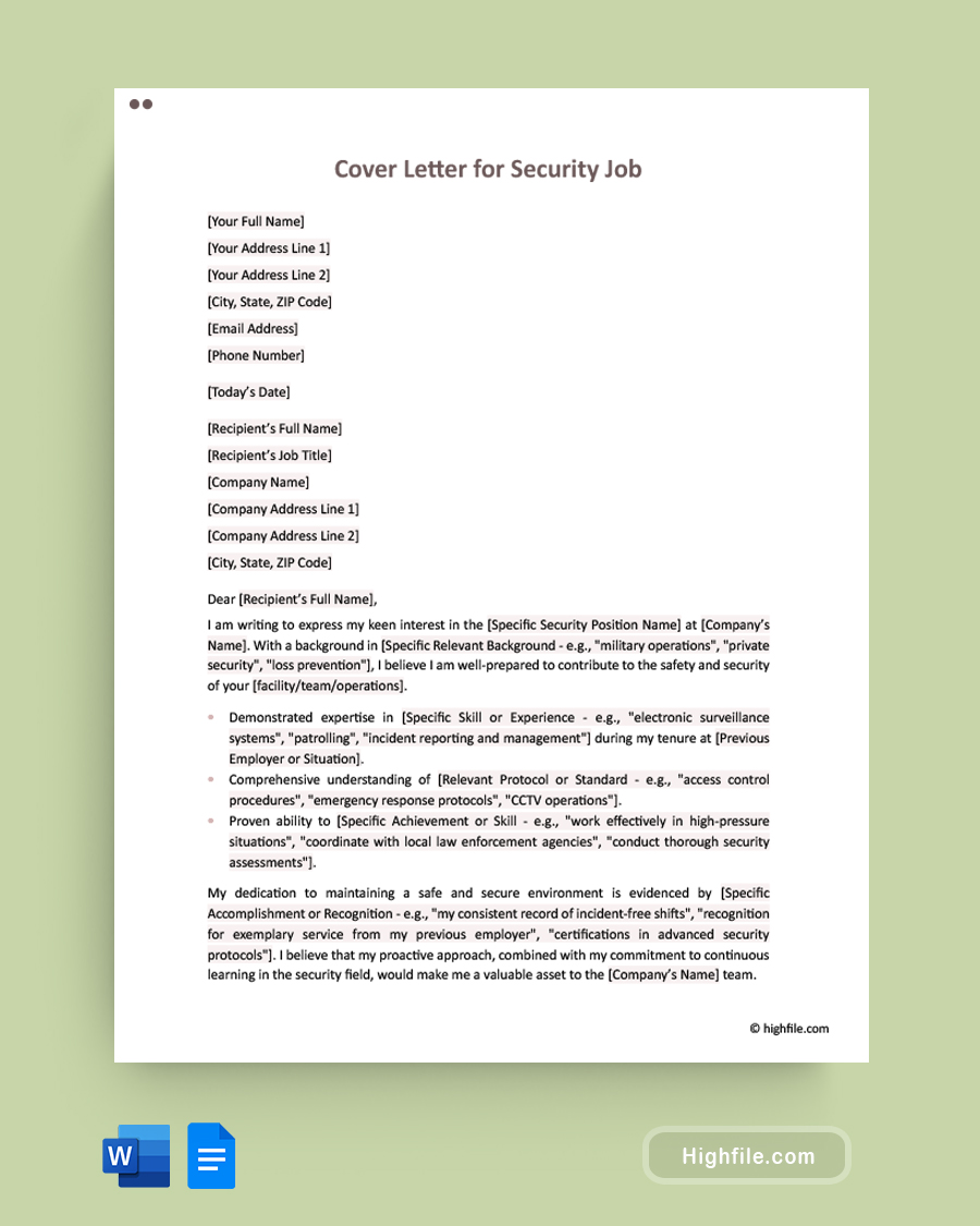 Cover Letter for Security Job - Word, Google Docs