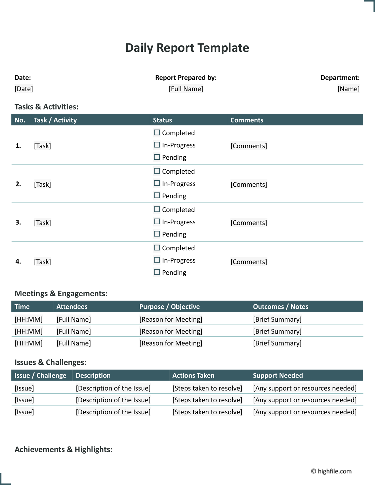 Daily Report Template Word Google Docs Highfile Daily Report Template Word Google Docs Highfile
