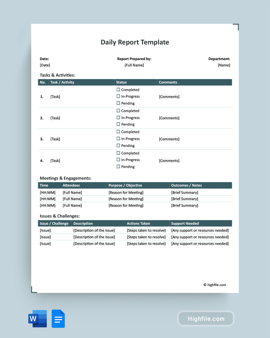 Daily Report Template - Word, Google Docs