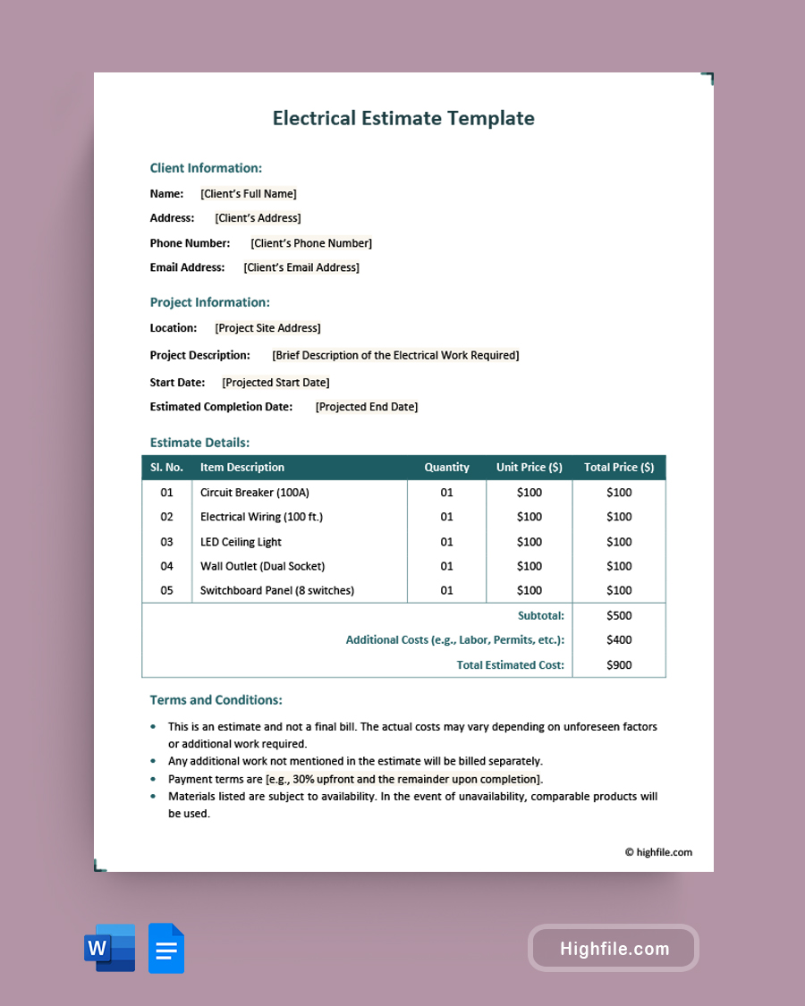 Electrical Estimate Template - Word, Google Docs