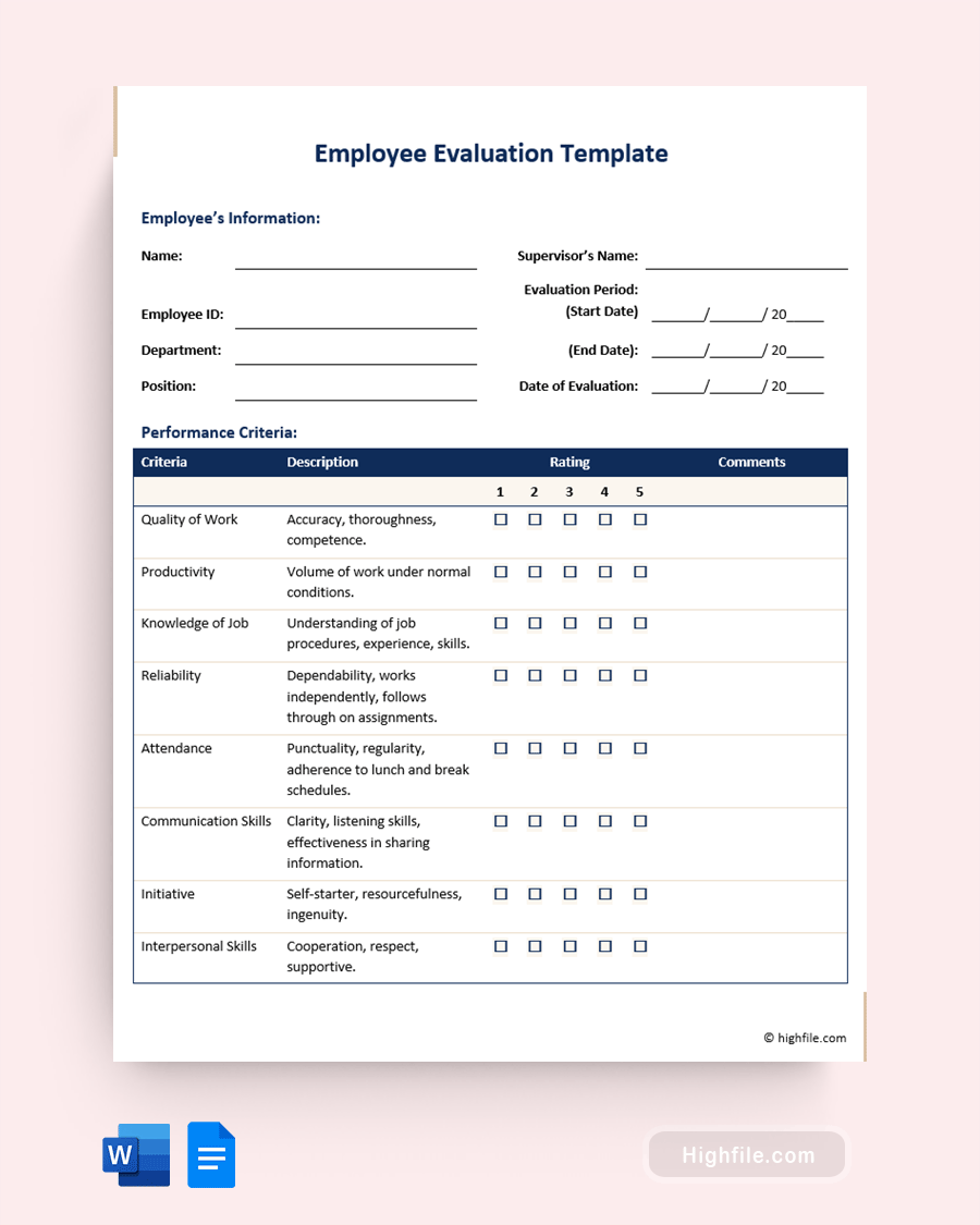 Employee Evaluation Template - Word, Google Docs