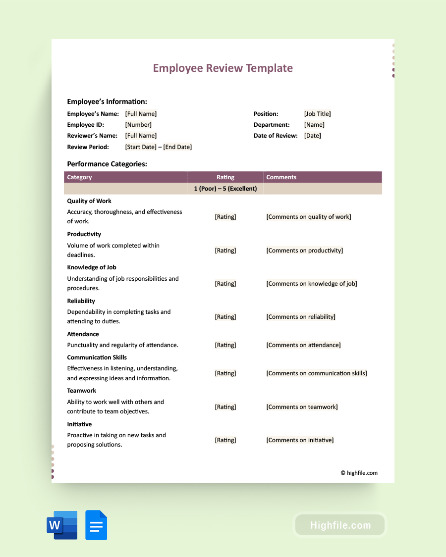 Employee Review Template - Word, Google Docs