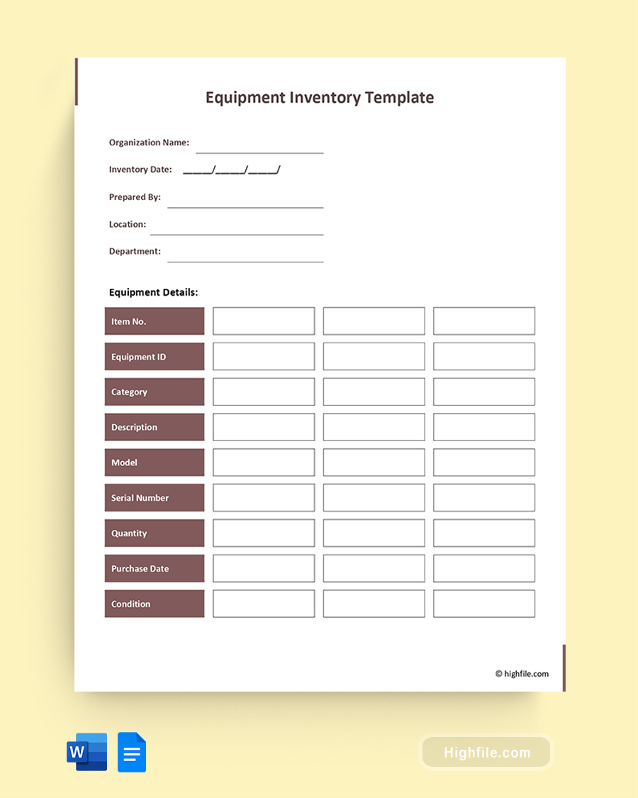 Equipment Inventory Template - Word, Google Docs