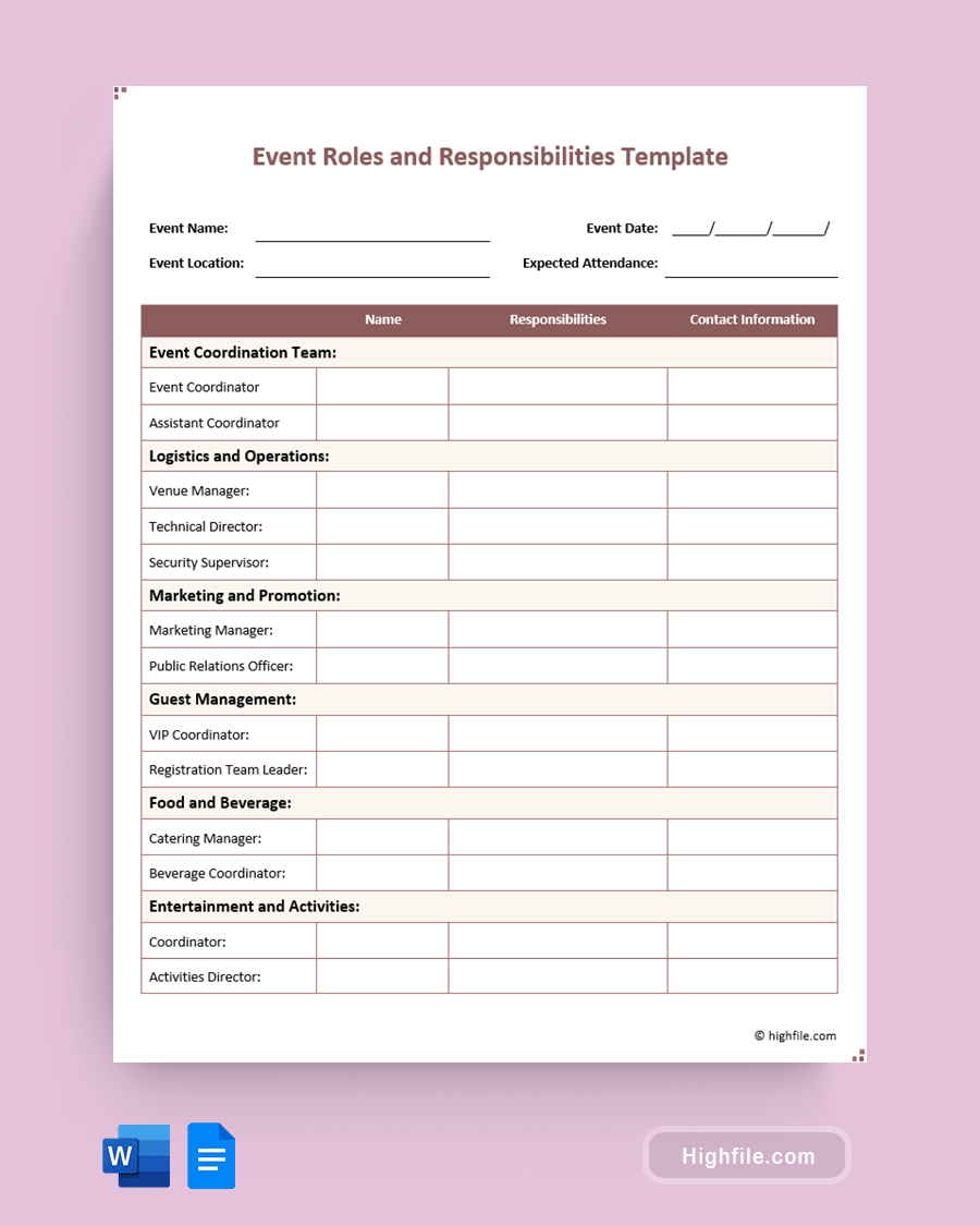 Event Roles and Responsibilities Template - Word, Google Docs