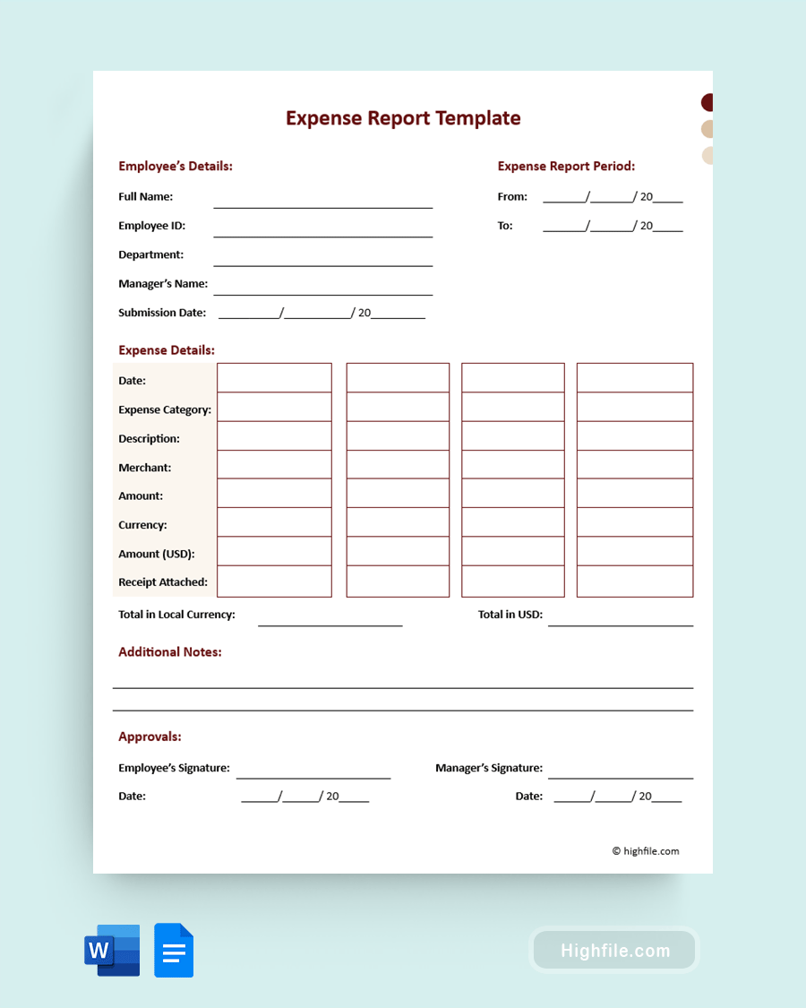 Expense Report Template - Word, Google Docs