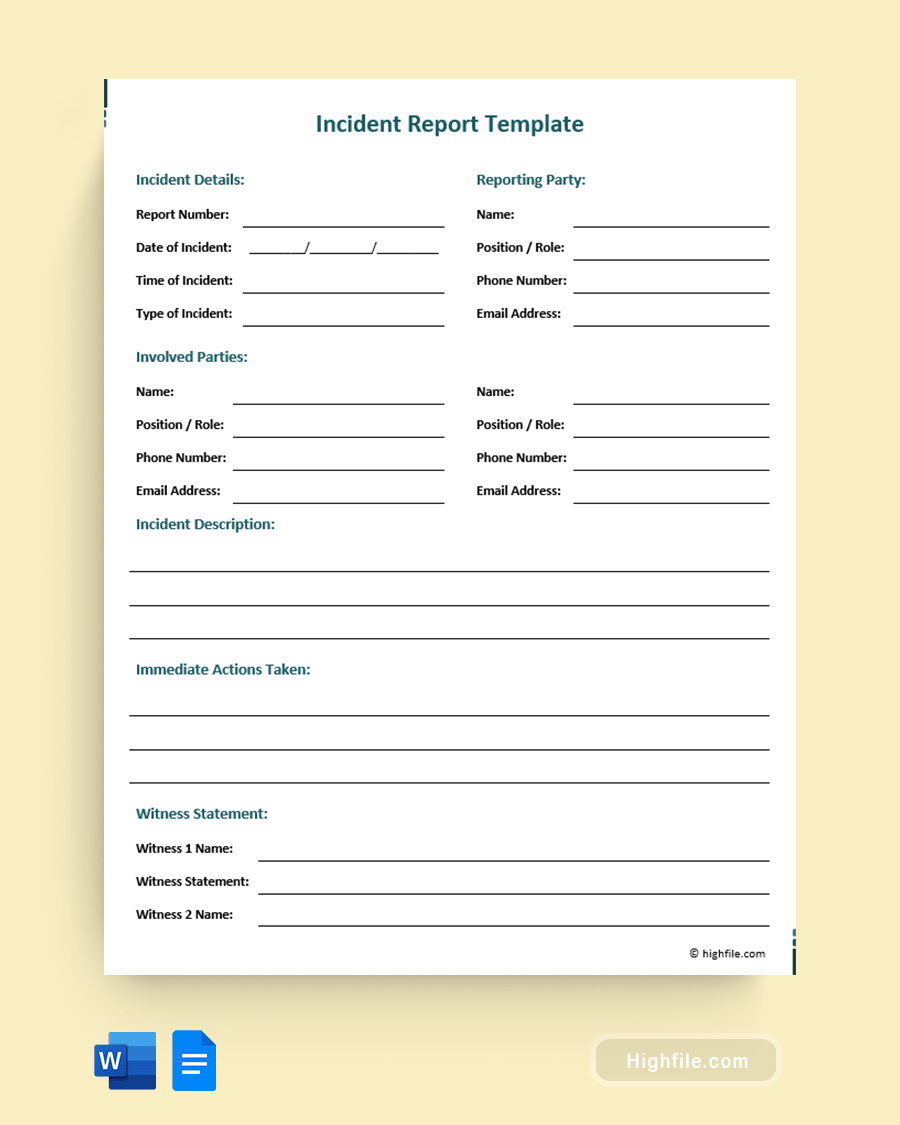 Incident Report Template - Word, Google Docs