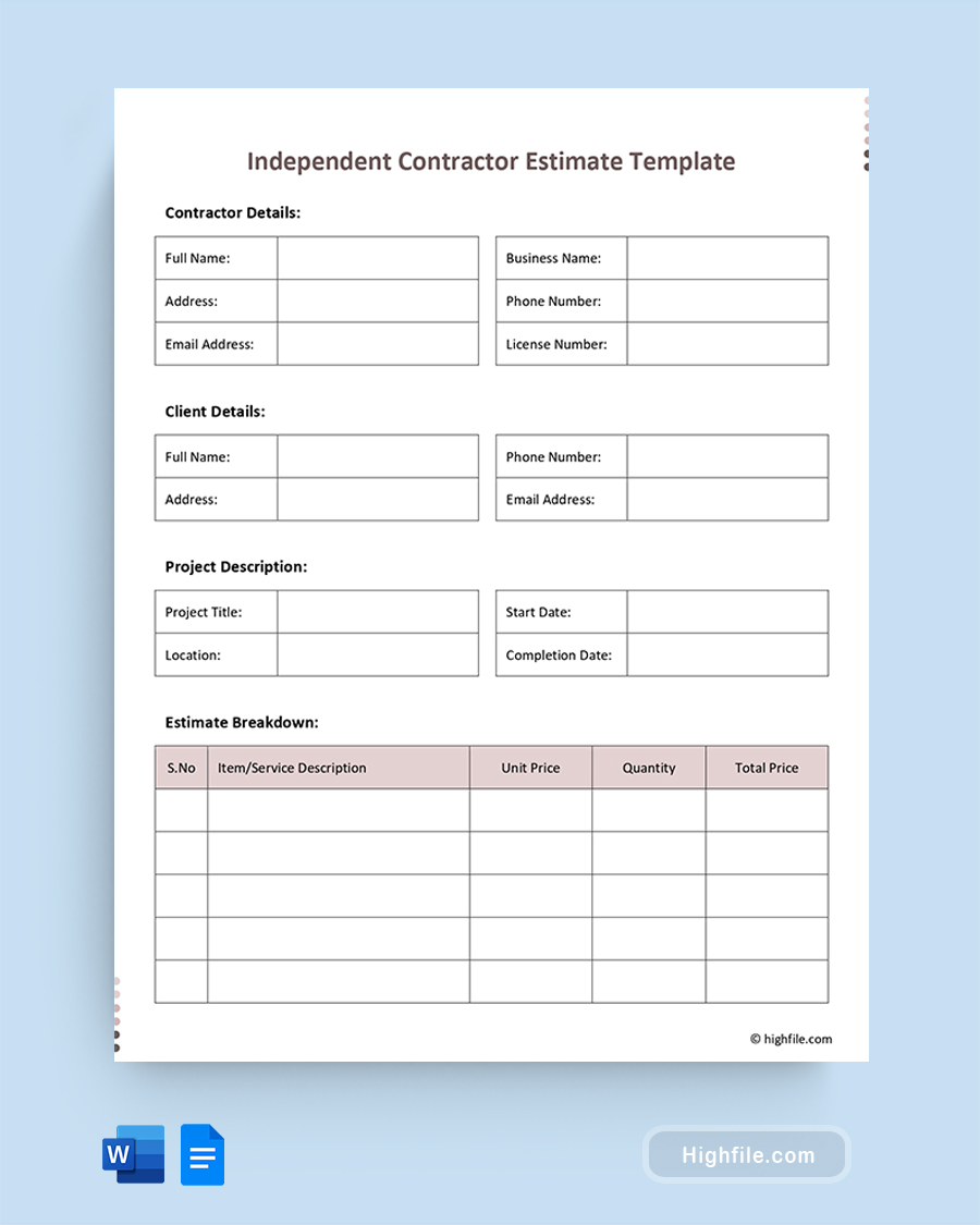 Independent Contractor Estimate Template - Word, Google Docs