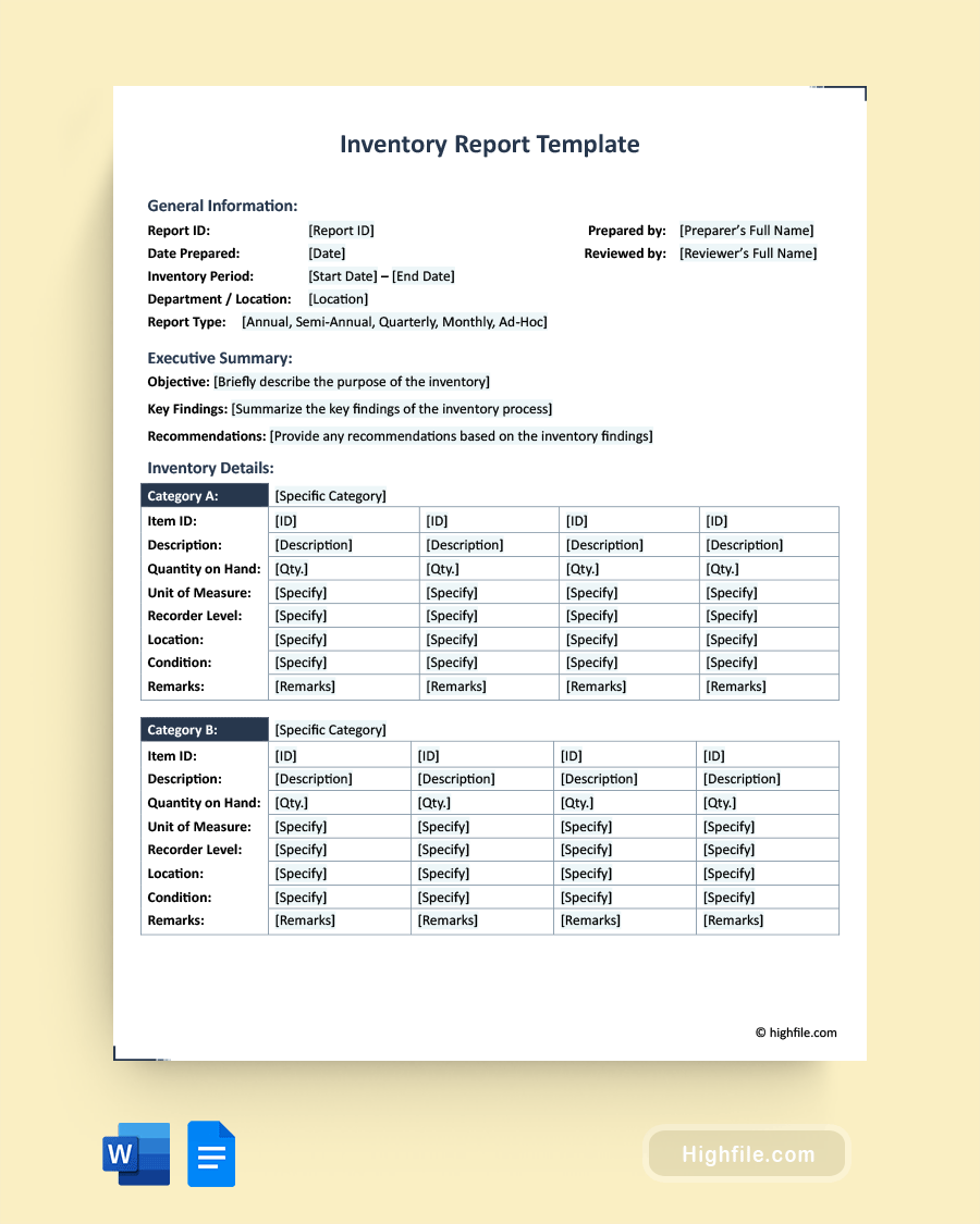 Inventory Report Template - Word, Google Docs
