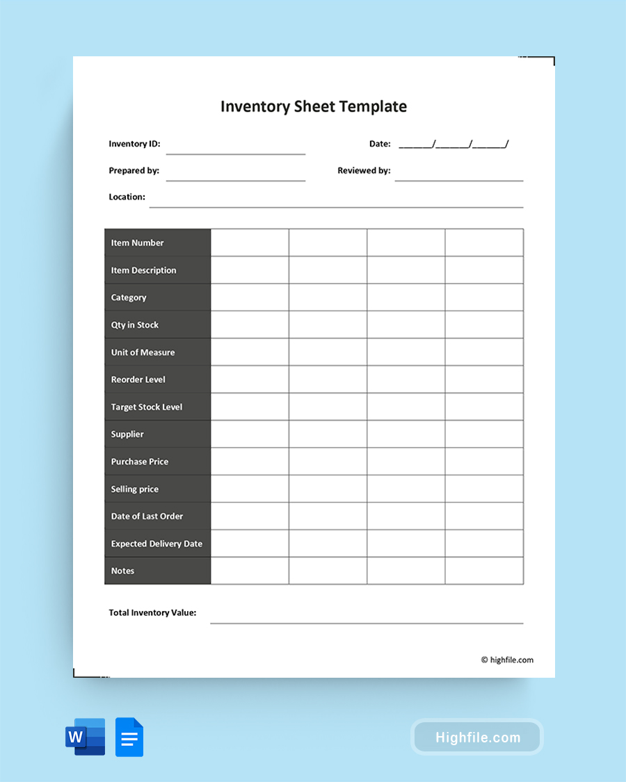 Inventory Sheet Template - Word, Google Docs