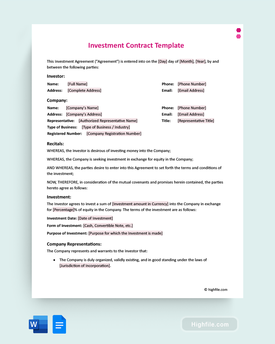 Investment Contract Template - Word, Google Docs