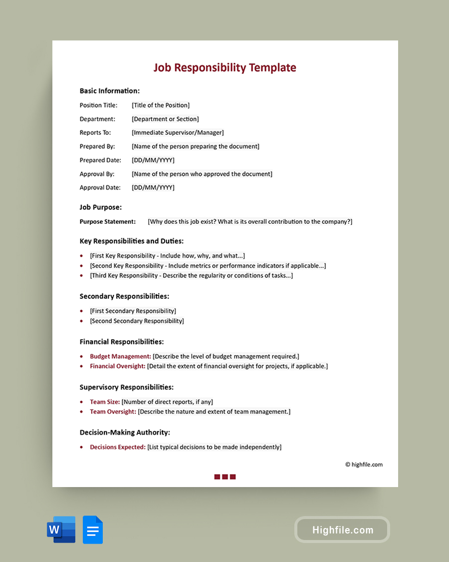Job Responsibility Template - Word, Google Docs