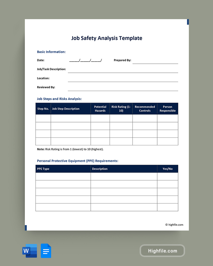 Job Safety Analysis Template - Word, Google Docs