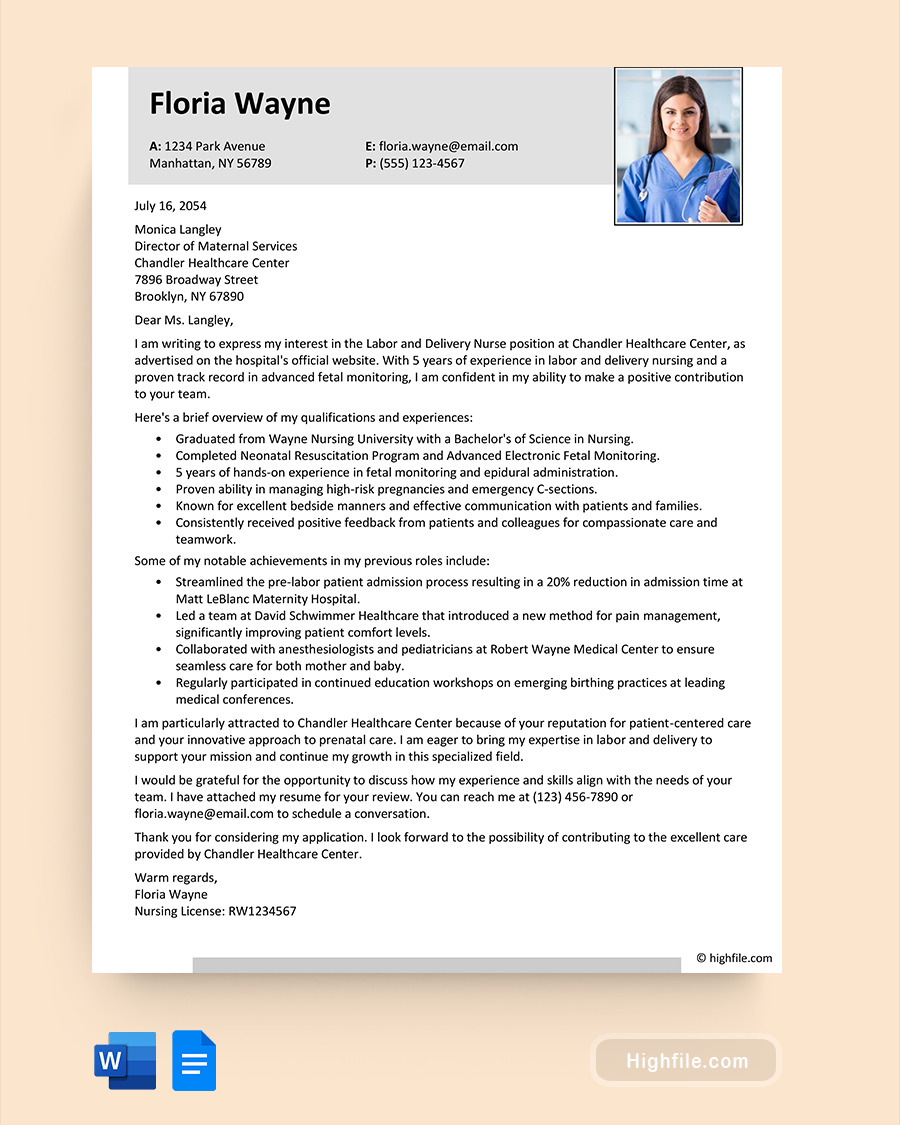 Labor and Delivery Nurse Cover Letter - Word, Google Docs