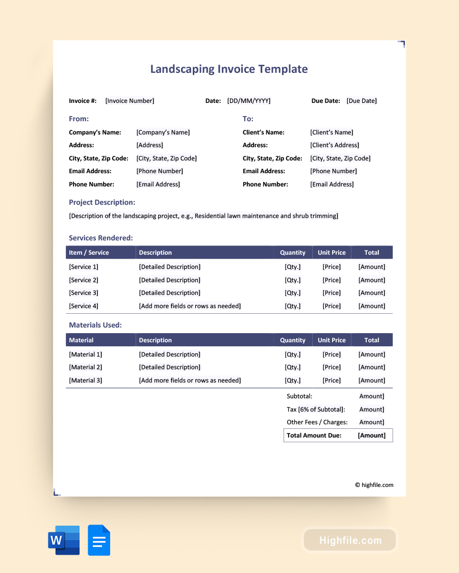 Landscaping Invoice Template - Word, Google Docs