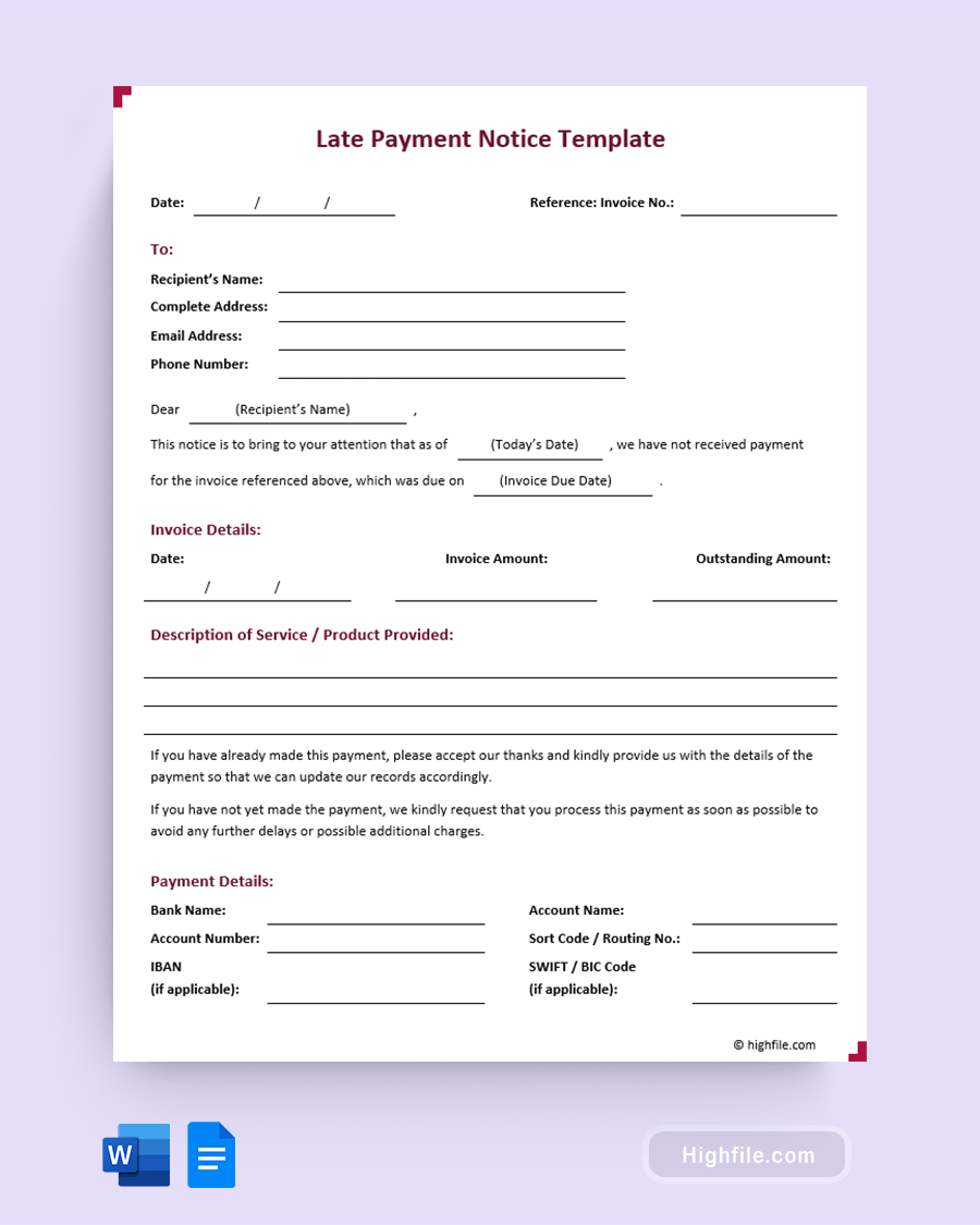 Late Payment Notice Template - Word, Google Docs