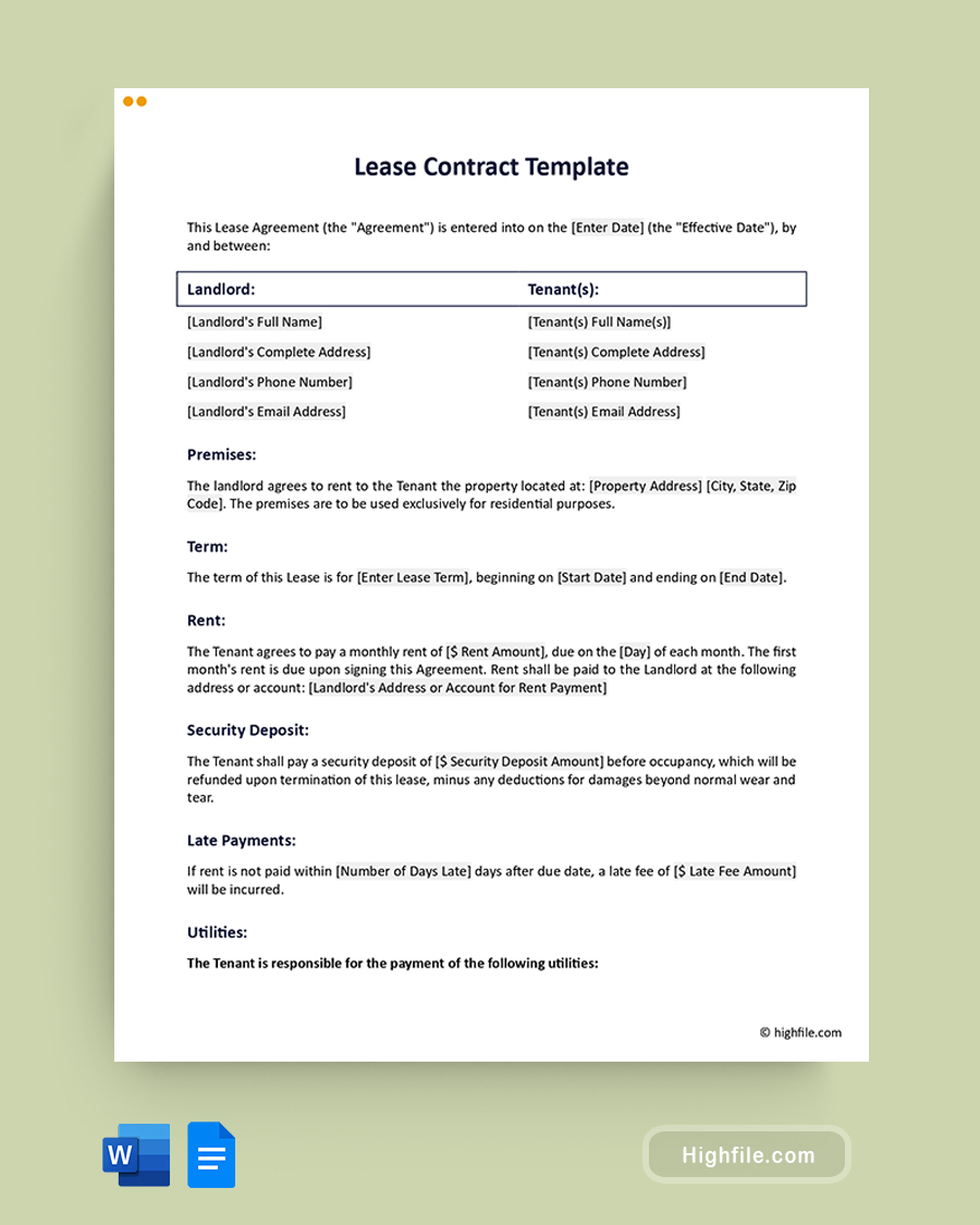 Lease Contract Template - Word, Google Docs