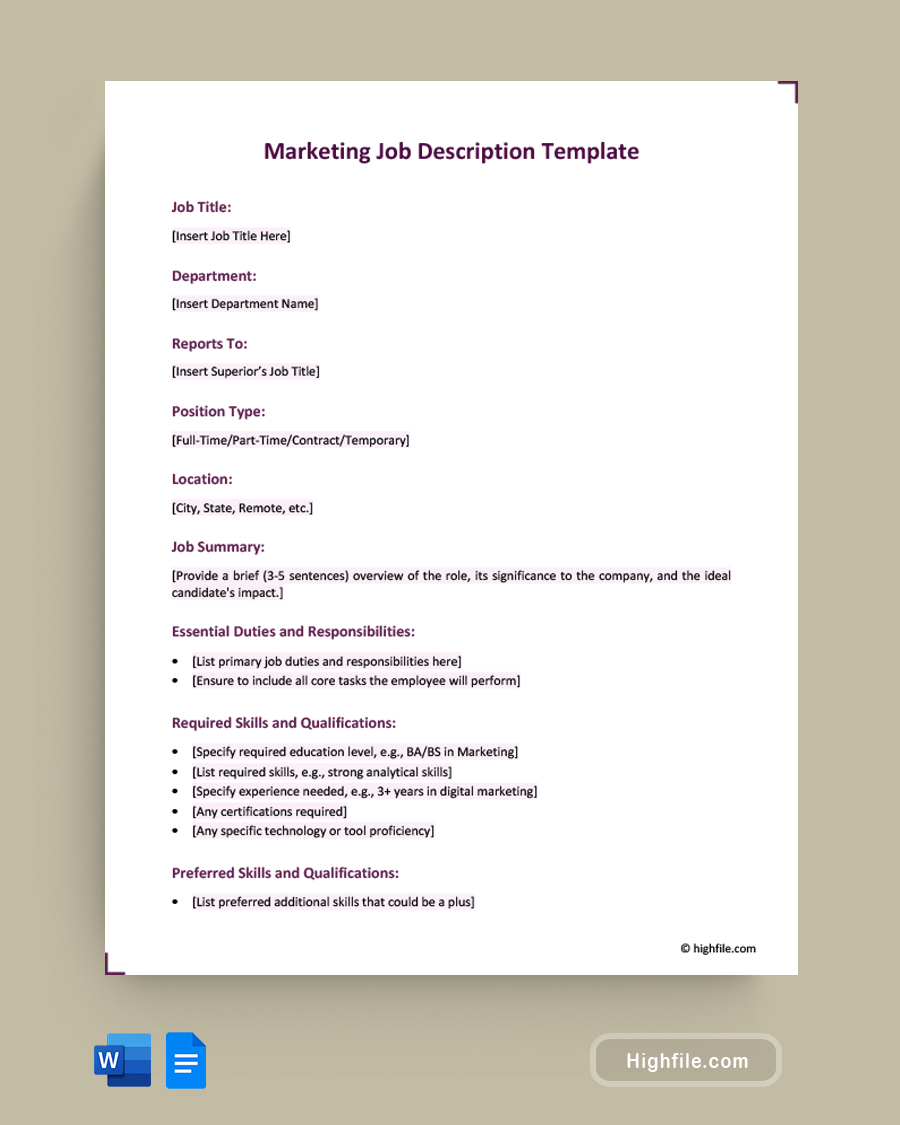 Marketing Job Description Template - Word, Google Docs