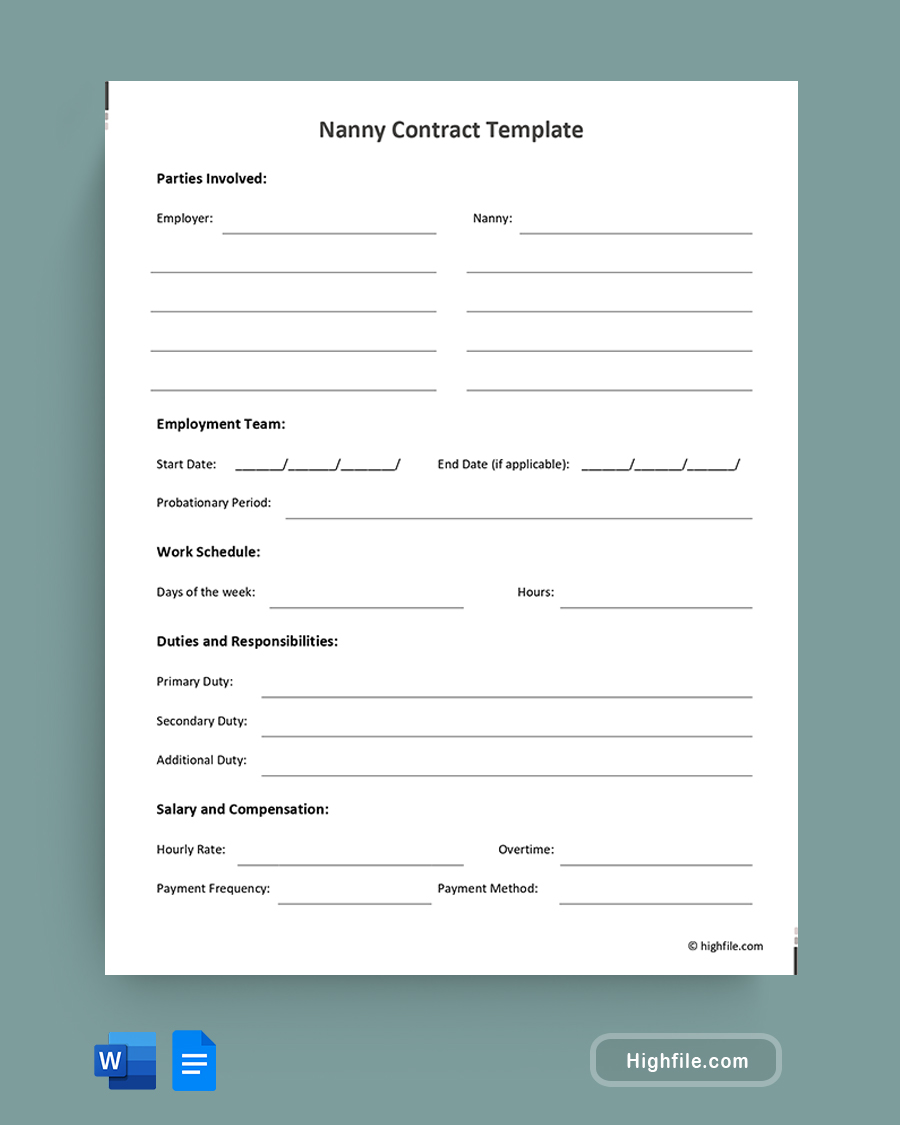 Nanny Contract Template - Word, Google Docs