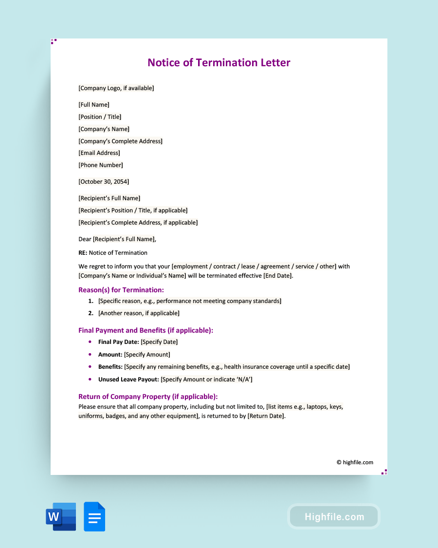 Notice of Termination Letter - Word, Google Docs